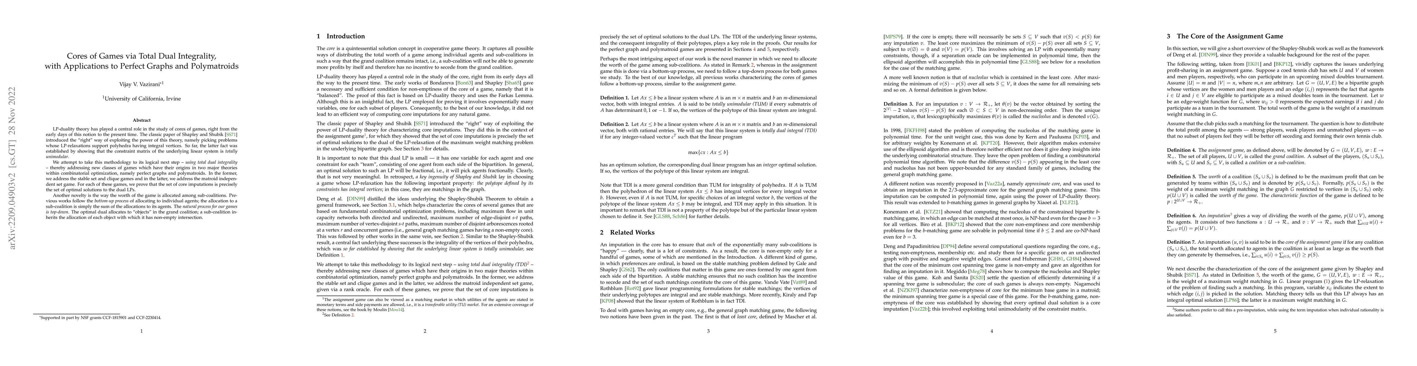 Thumbnail for Cores of Games via Total Dual Integrality, with Applications to Perfect
  Graphs and Polymatroids