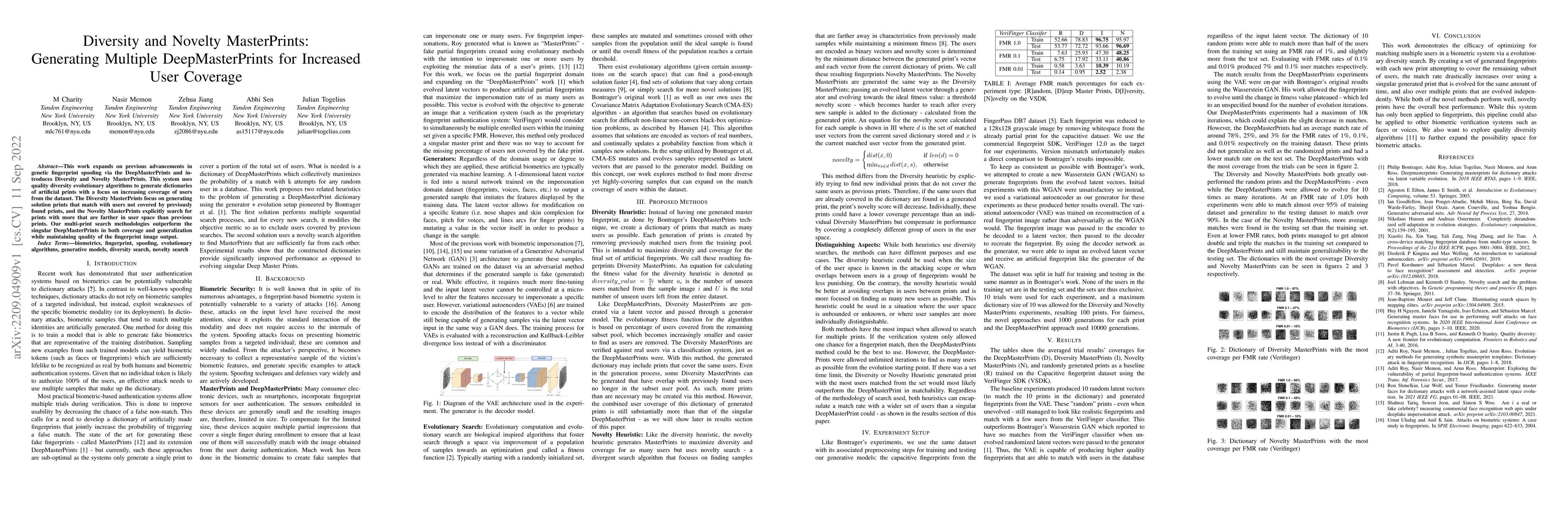 Thumbnail for Diversity and Novelty MasterPrints: Generating Multiple DeepMasterPrints
  for Increased User Coverage