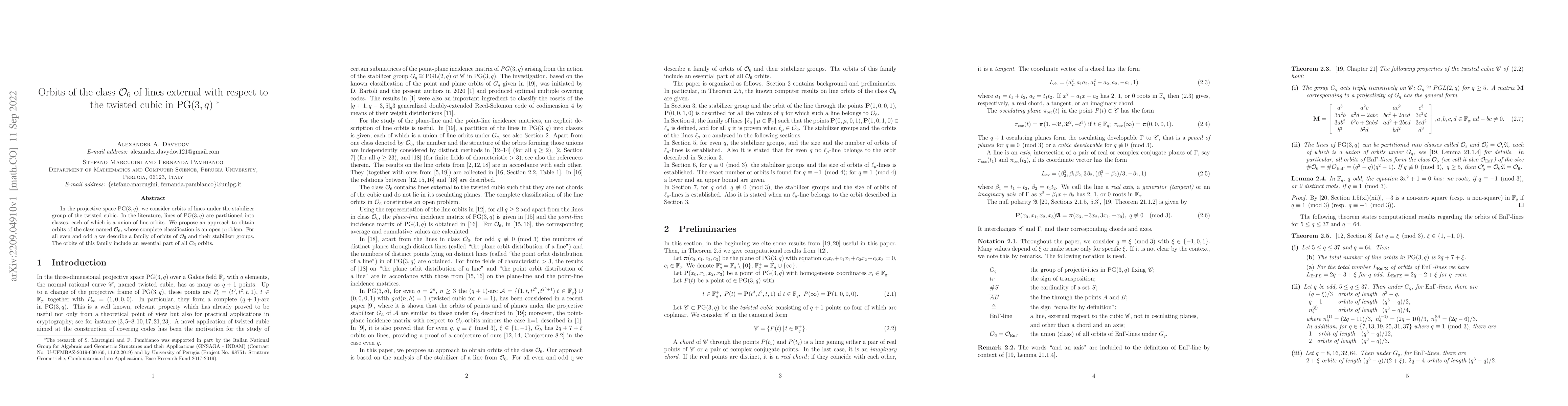 Thumbnail for Orbits of the class $\mathcal{O}_6$ of lines external with respect to
  the twisted cubic in $\mathrm{PG}(3,q)$