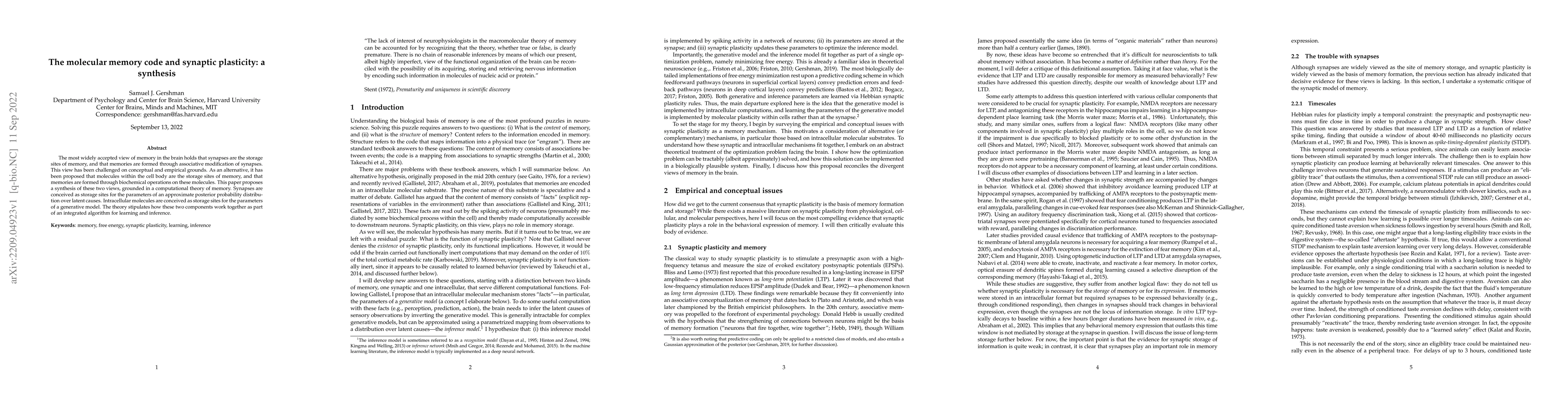 Thumbnail for The molecular memory code and synaptic plasticity: a synthesis