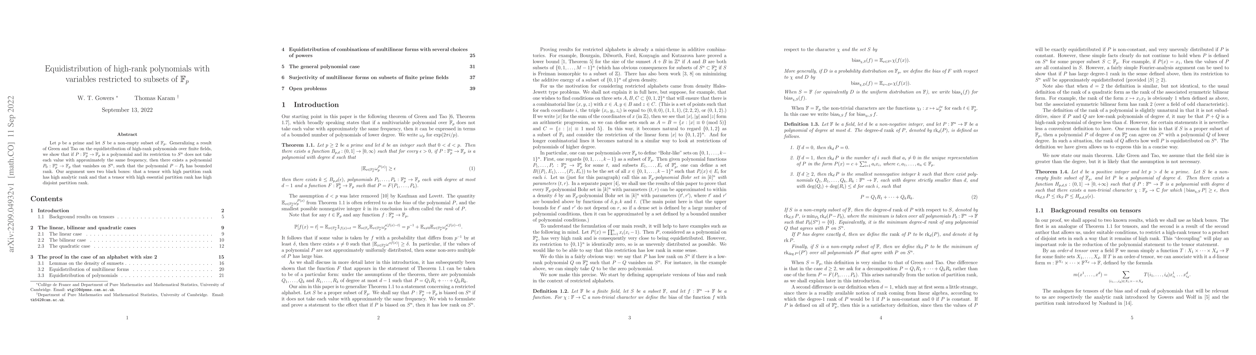 Thumbnail for Equidistribution of high-rank polynomials with variables restricted to
  subsets of $\mathbb{F}_p$
