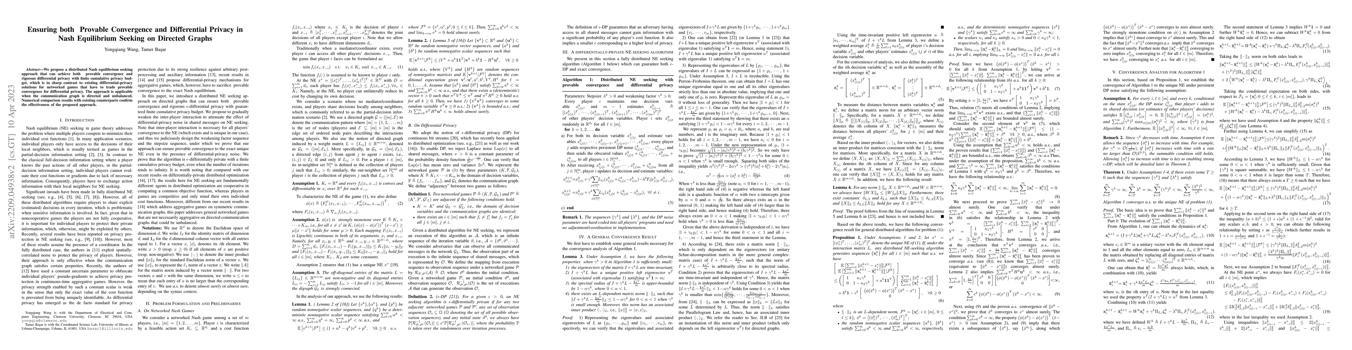 Thumbnail for Ensuring both Provable Convergence and Differential Privacy in Nash
  Equilibrium Seeking on Directed Graphs