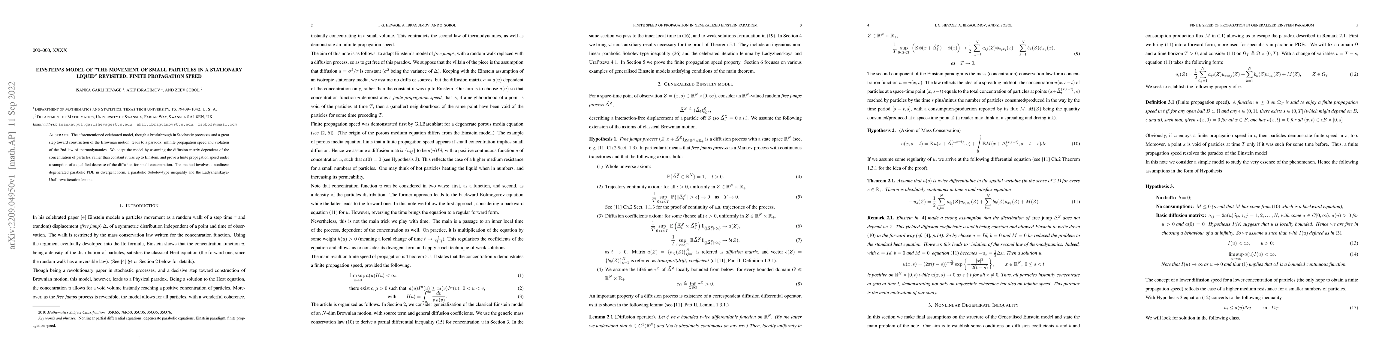 Thumbnail for Einstein model of the movement of small particles in a stationary liquid
  revisited: Finite Propagation Speed