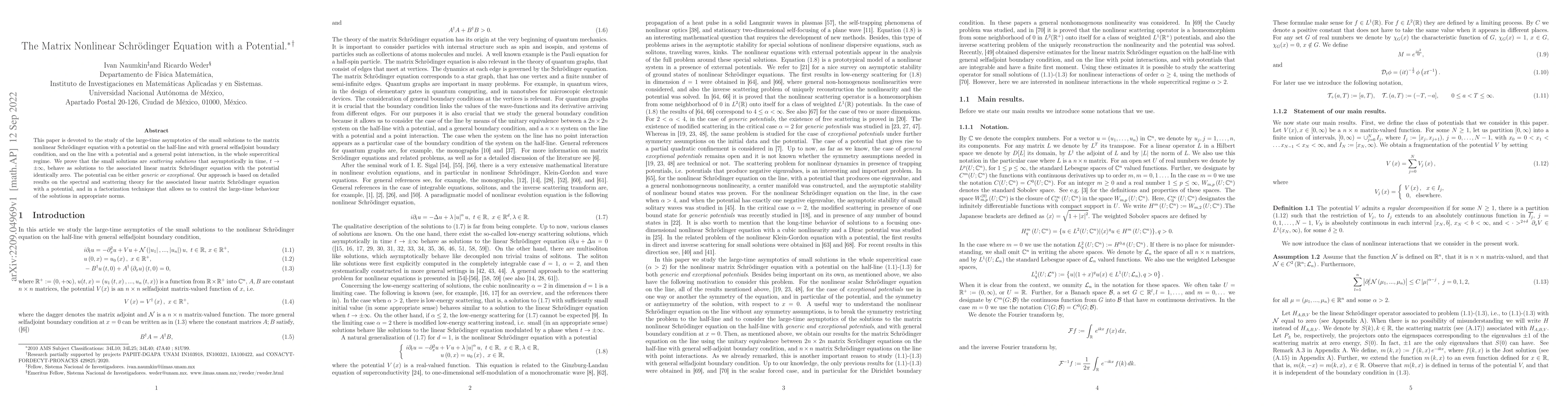 Thumbnail for The Matrix Nonlinear Schr\"{o}dinger Equation with a Potential