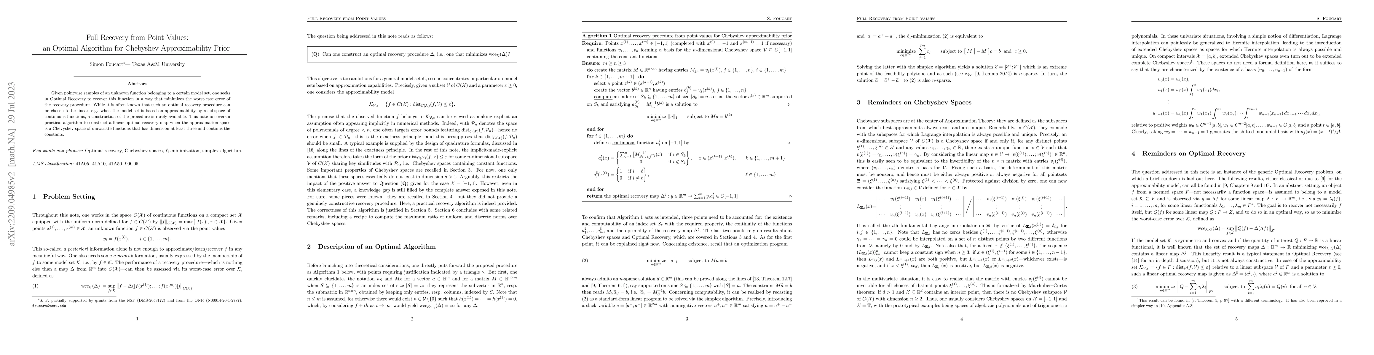 Thumbnail for Full Recovery from Point Values: an Optimal Algorithm for Chebyshev
  Approximability Prior