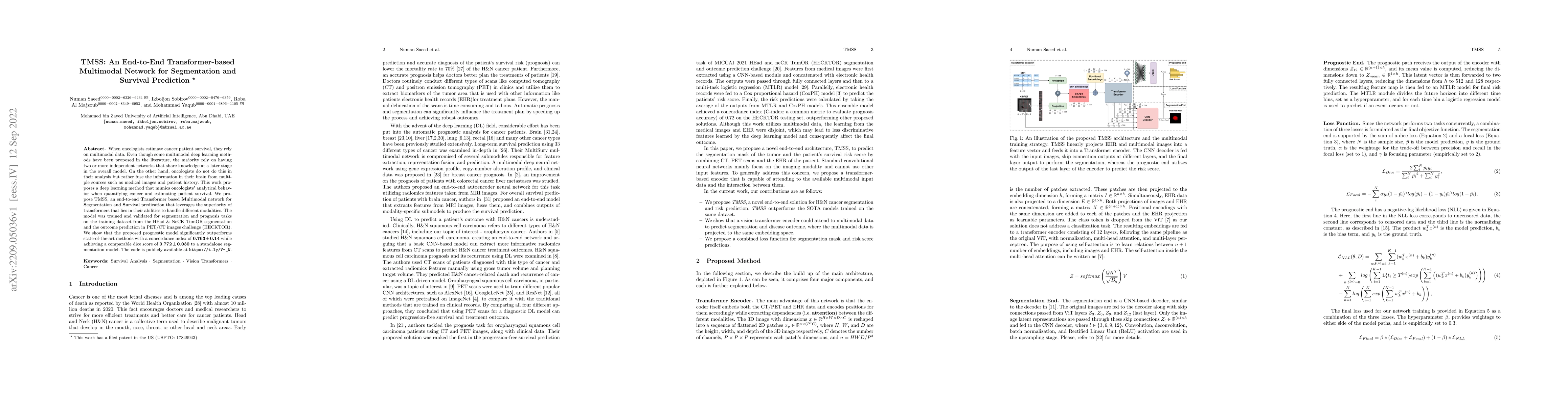 Thumbnail for TMSS: An End-to-End Transformer-based Multimodal Network for
  Segmentation and Survival Prediction