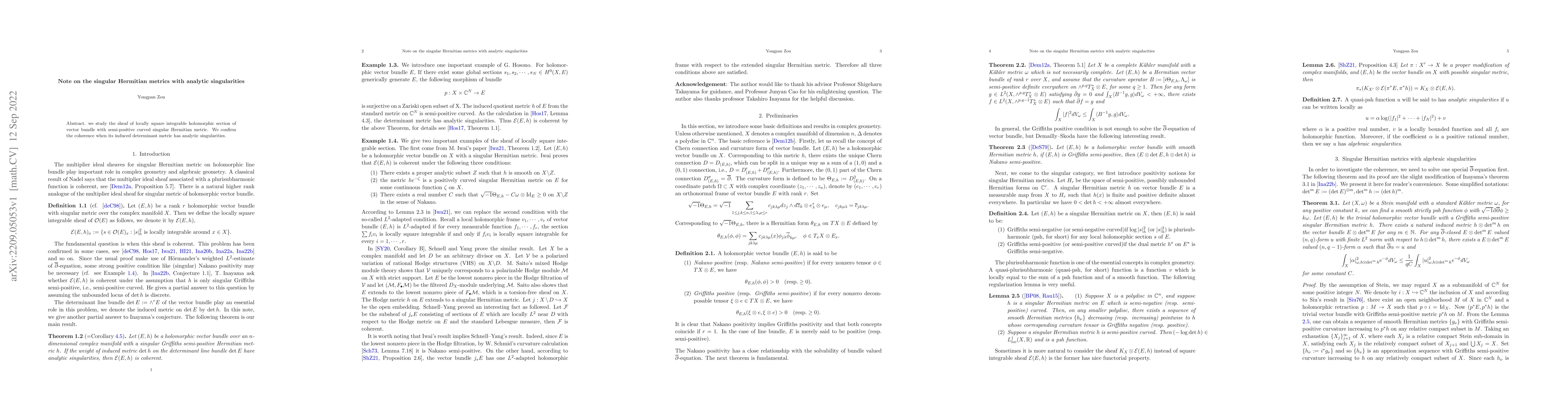 Thumbnail for Note on the singular Hermitian metrics with analytic singularities