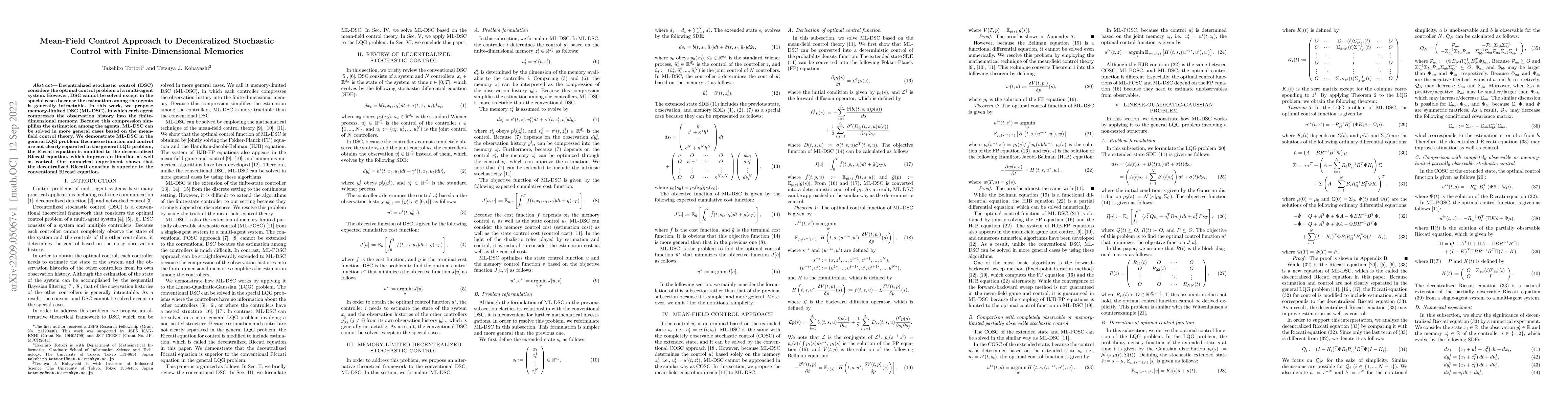 Thumbnail for Mean-Field Control Approach to Decentralized Stochastic Control with
  Finite-Dimensional Memories