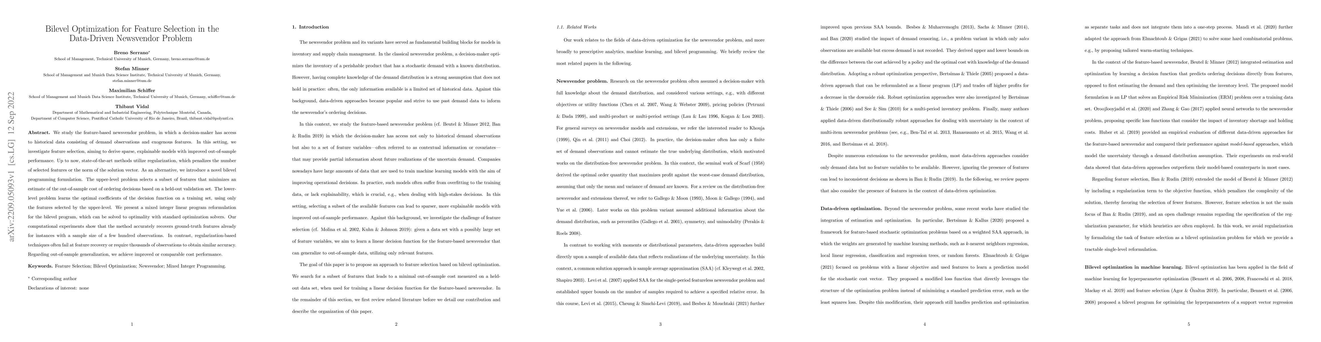 Thumbnail for Bilevel Optimization for Feature Selection in the Data-Driven Newsvendor
  Problem