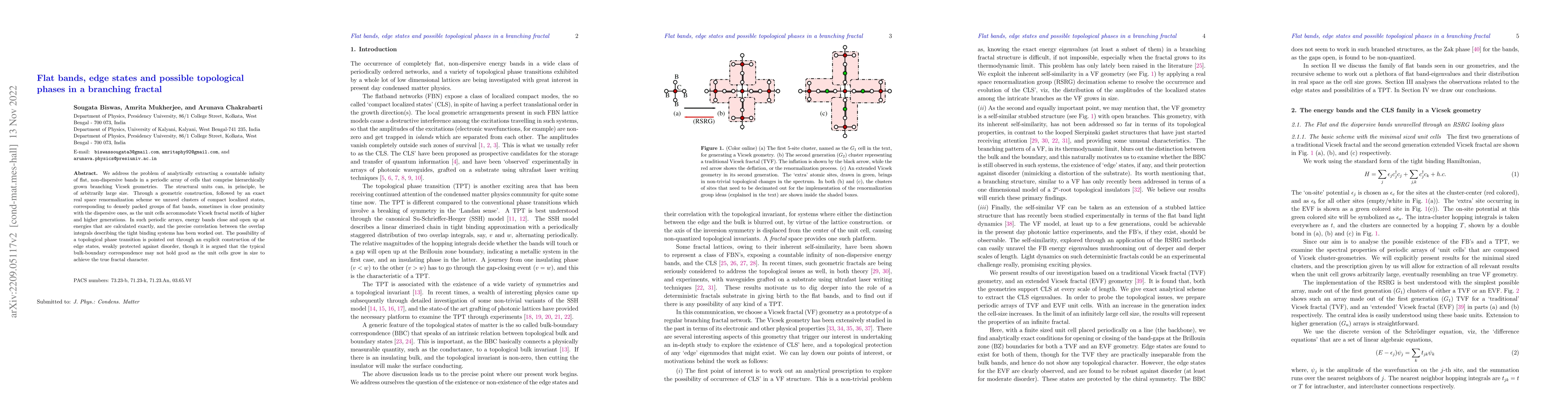 Thumbnail for Flat bands, edge states and possible topological phases in a branching
  fractal