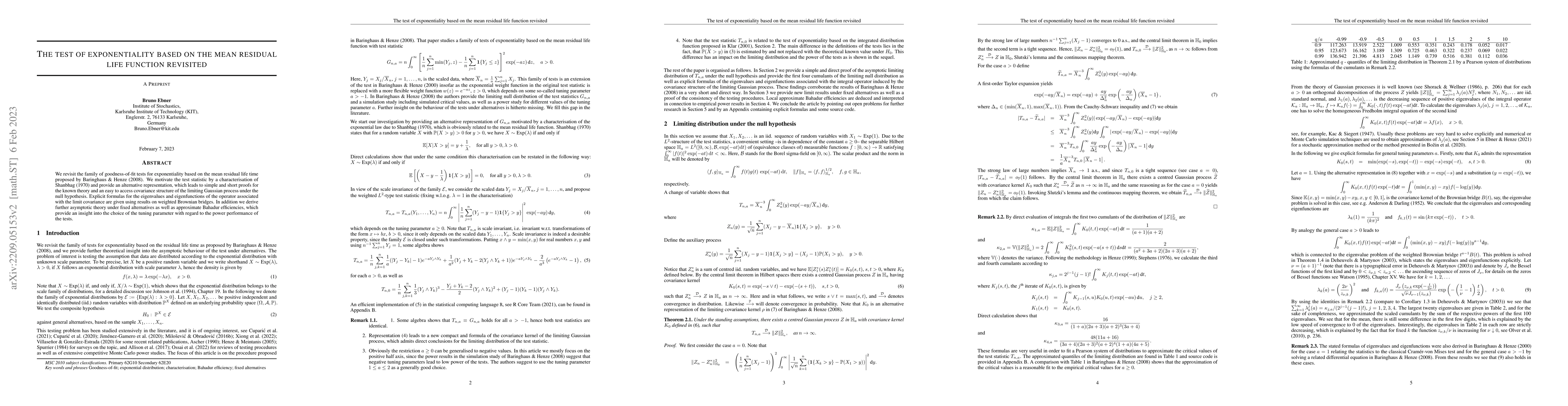 Thumbnail for The test of exponentiality based on the mean residual life function
  revisited