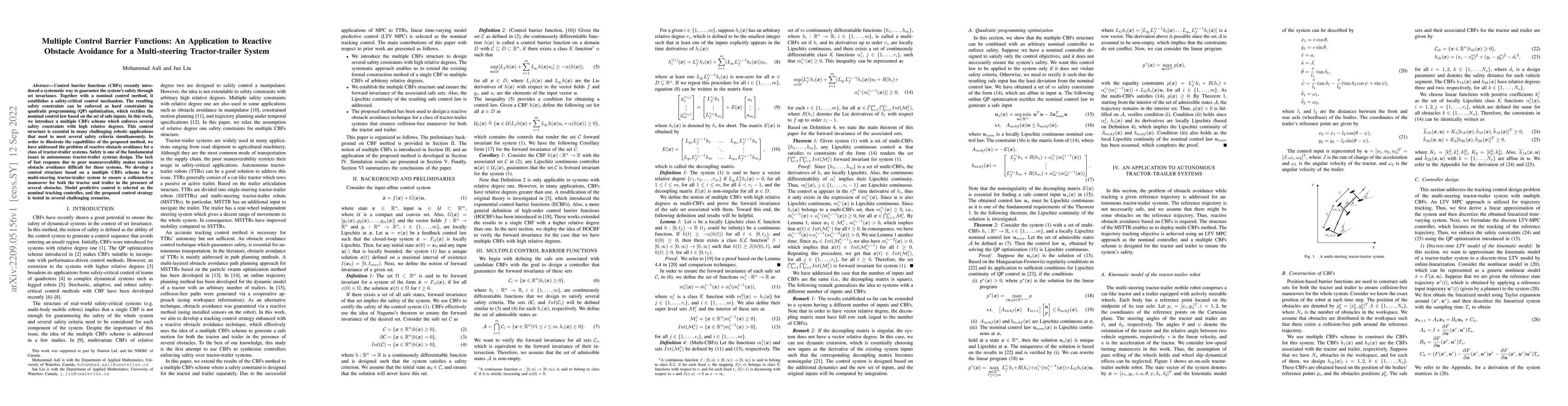 Thumbnail for Multiple Control Barrier Functions: An Application to Reactive Obstacle
  Avoidance for a Multi-steering Tractor-trailer System