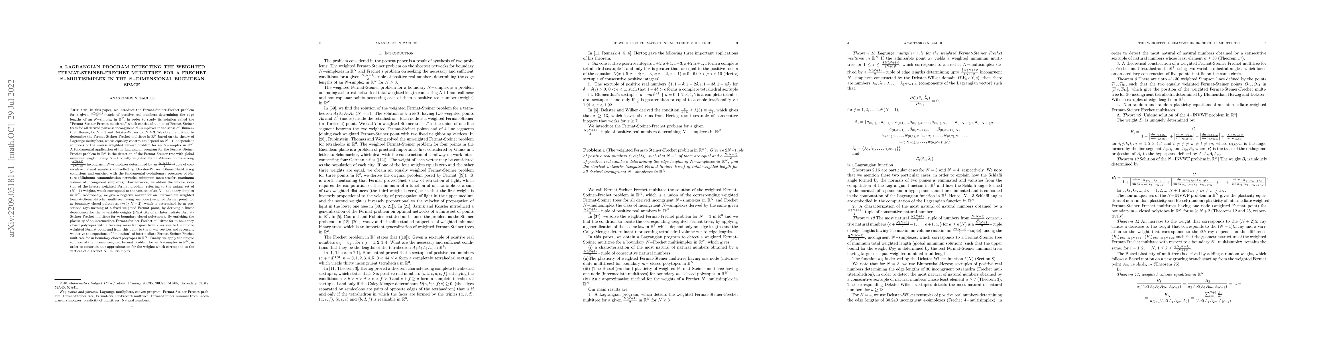 Thumbnail for A Lagrangian program detecting the Weighted Fermat-Steiner-Frechet
  multitree for a Frechet $N-$multisimplex in the $N-$dimensional Euclidean
  Space