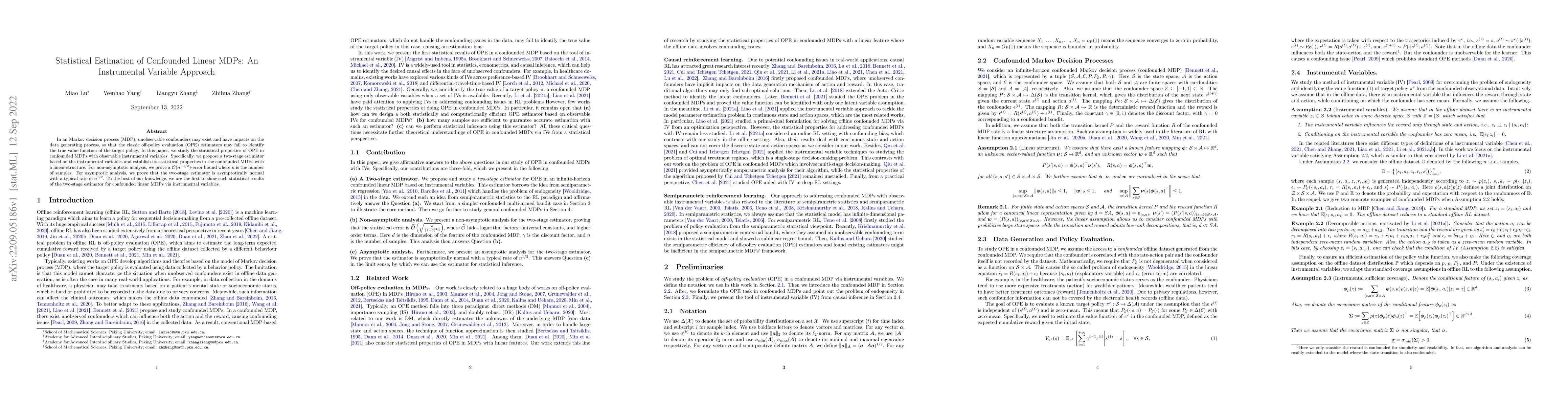 Thumbnail for Statistical Estimation of Confounded Linear MDPs: An Instrumental
  Variable Approach