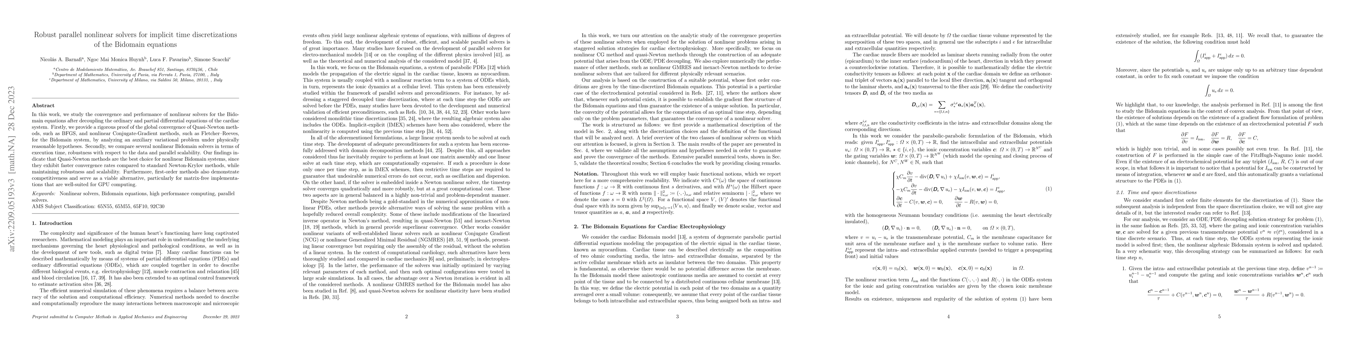 Thumbnail for Robust parallel nonlinear solvers for implicit time discretizations of
  the Bidomain equations