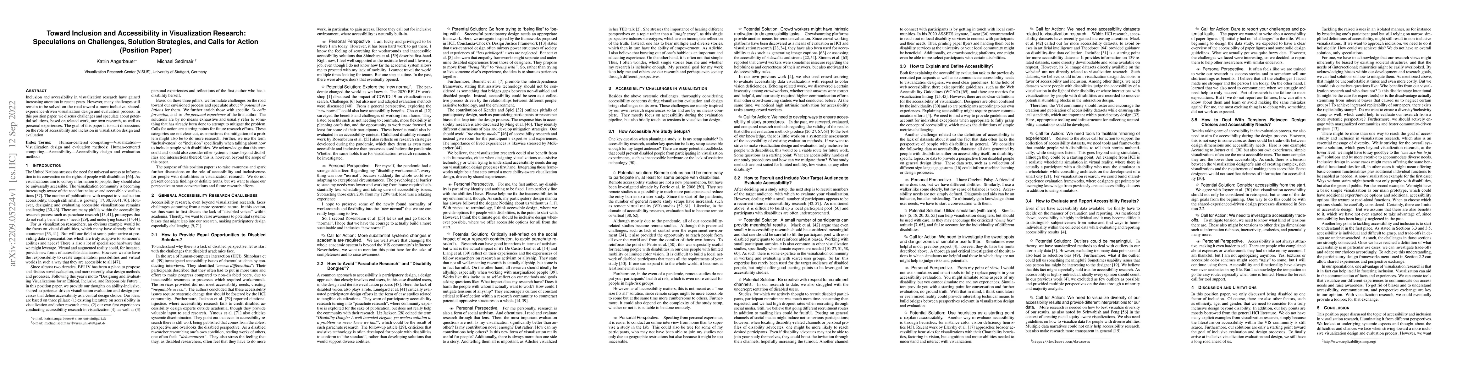 Thumbnail for Toward Inclusion and Accessibility in Visualization Research:
  Speculations on Challenges, Solution Strategies, and Calls for Action
  (Position Paper)