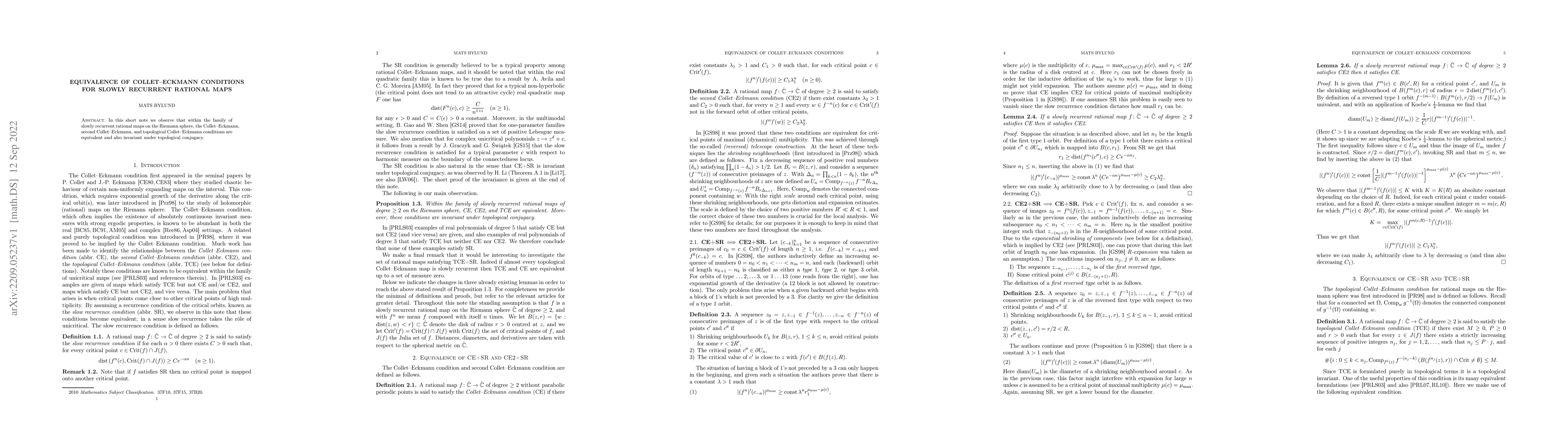 Thumbnail for Equivalence of Collet-Eckmann conditions for slowly recurrent rational
  maps