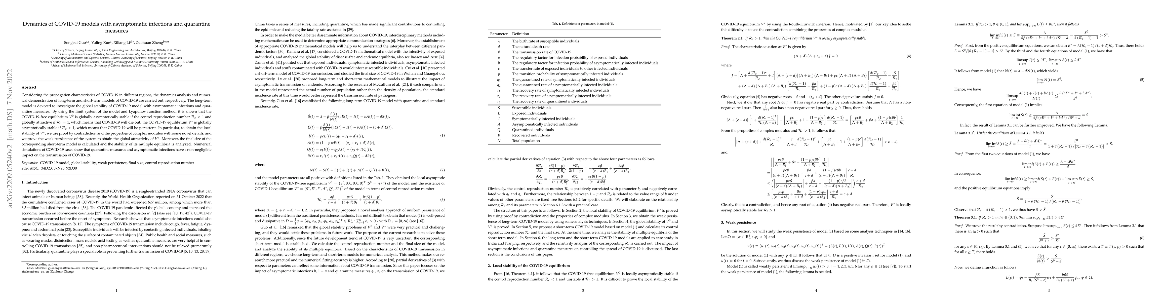 Thumbnail for Dynamics of COVID-19 models with asymptomatic infections and quarantine
  measures