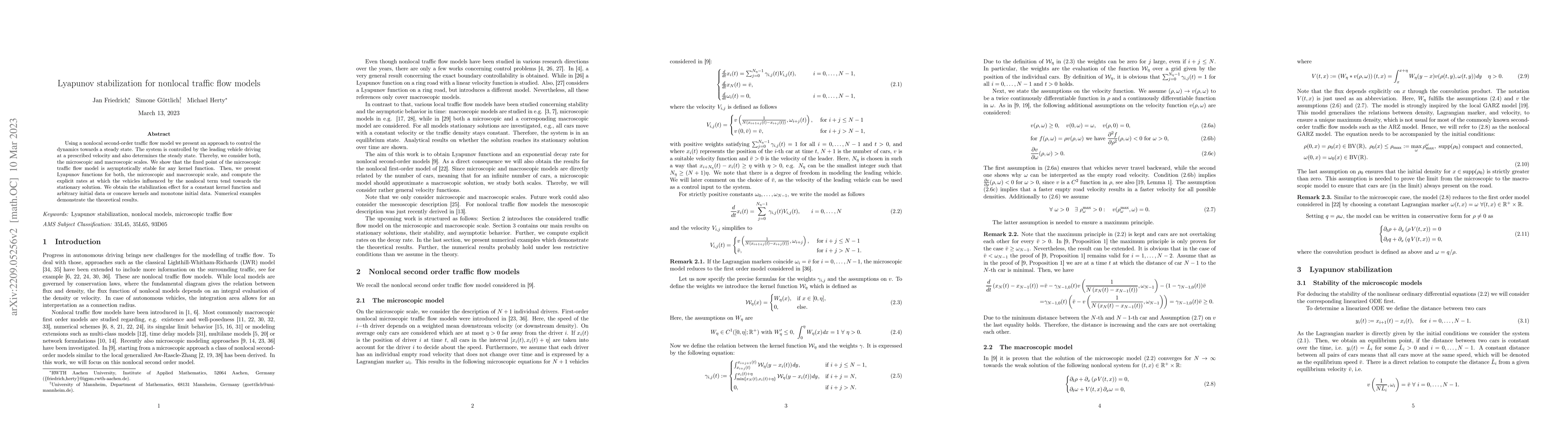 Thumbnail for Lyapunov stabilization for nonlocal traffic flow models