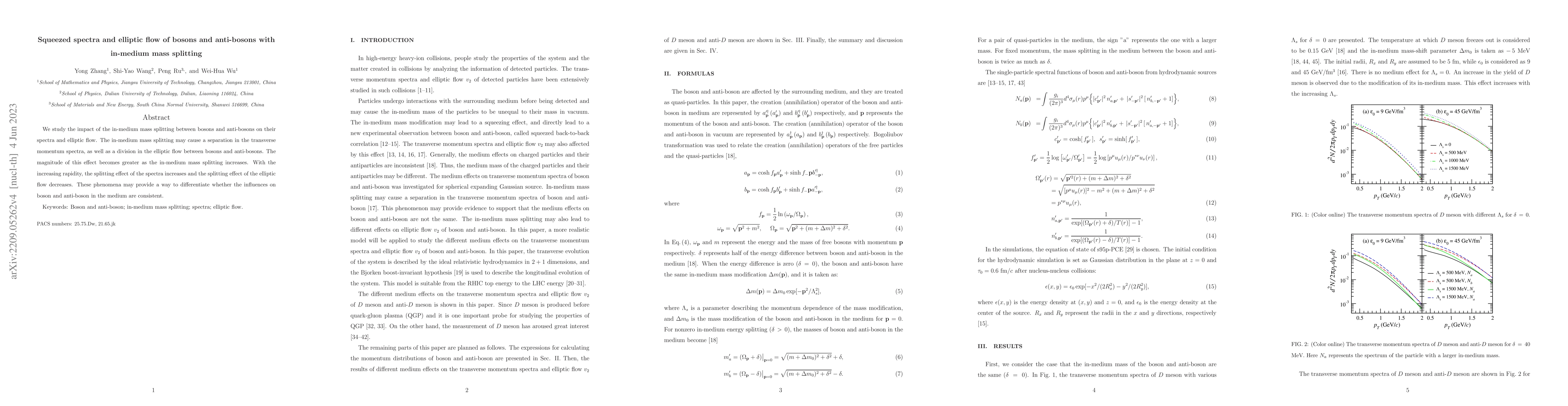 Thumbnail for Squeezed spectra and elliptic flow of bosons and anti-bosons with
  in-medium mass splitting