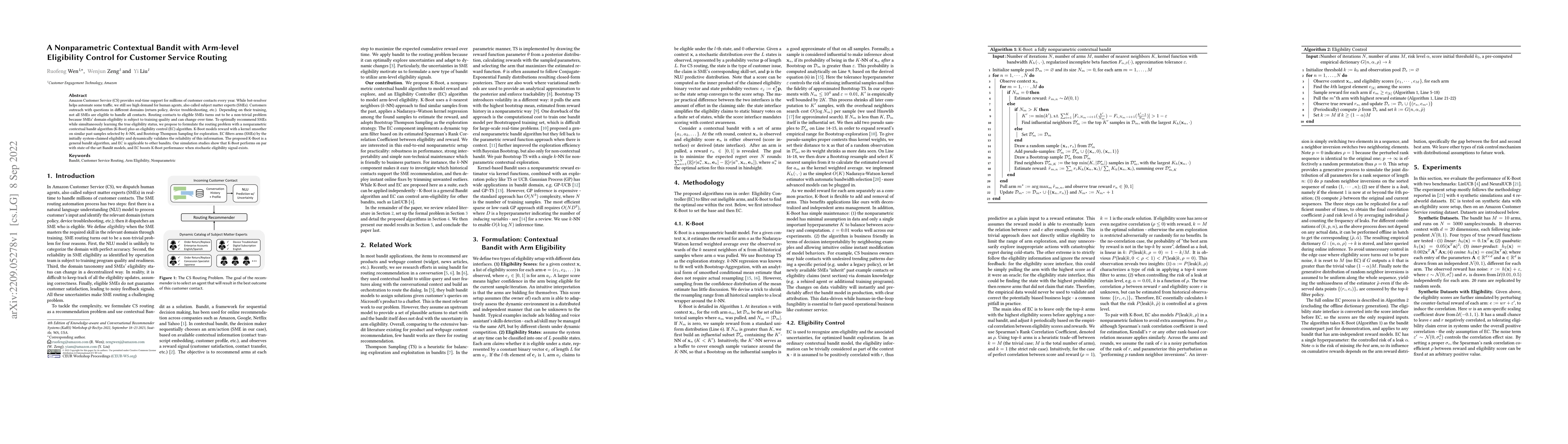 Thumbnail for A Nonparametric Contextual Bandit with Arm-level Eligibility Control for
  Customer Service Routing
