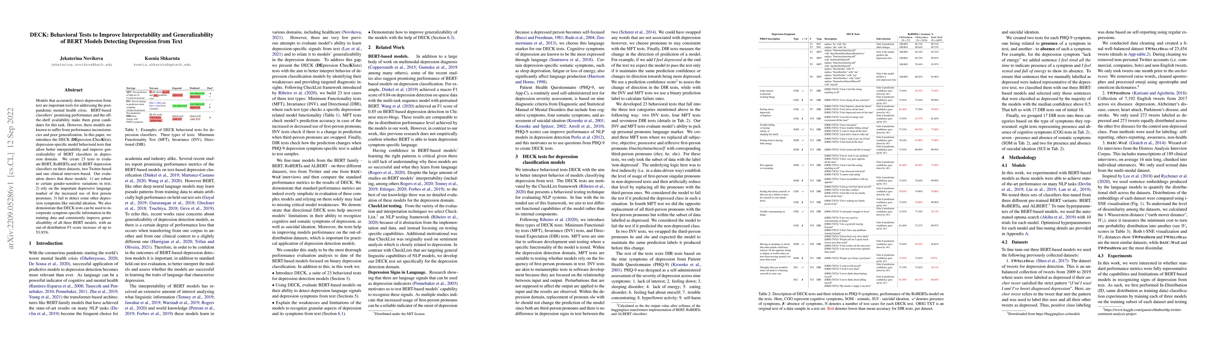 Thumbnail for DECK: Behavioral Tests to Improve Interpretability and Generalizability
  of BERT Models Detecting Depression from Text