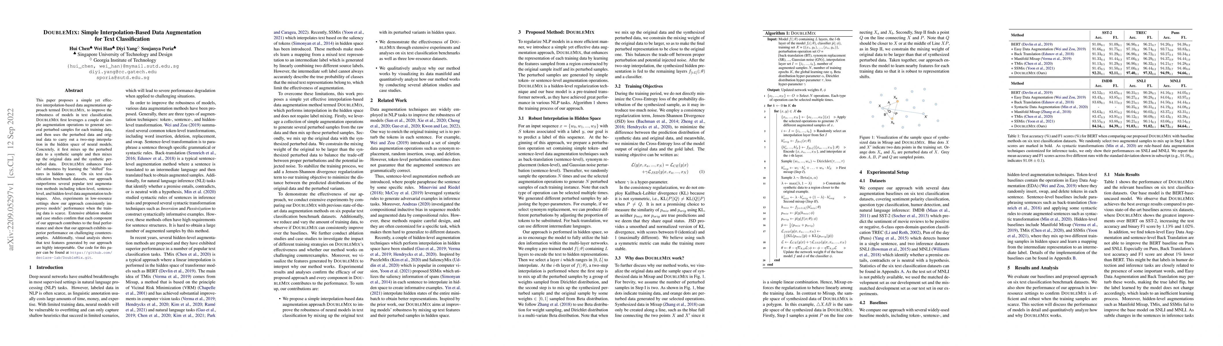 Thumbnail for DoubleMix: Simple Interpolation-Based Data Augmentation for Text
  Classification