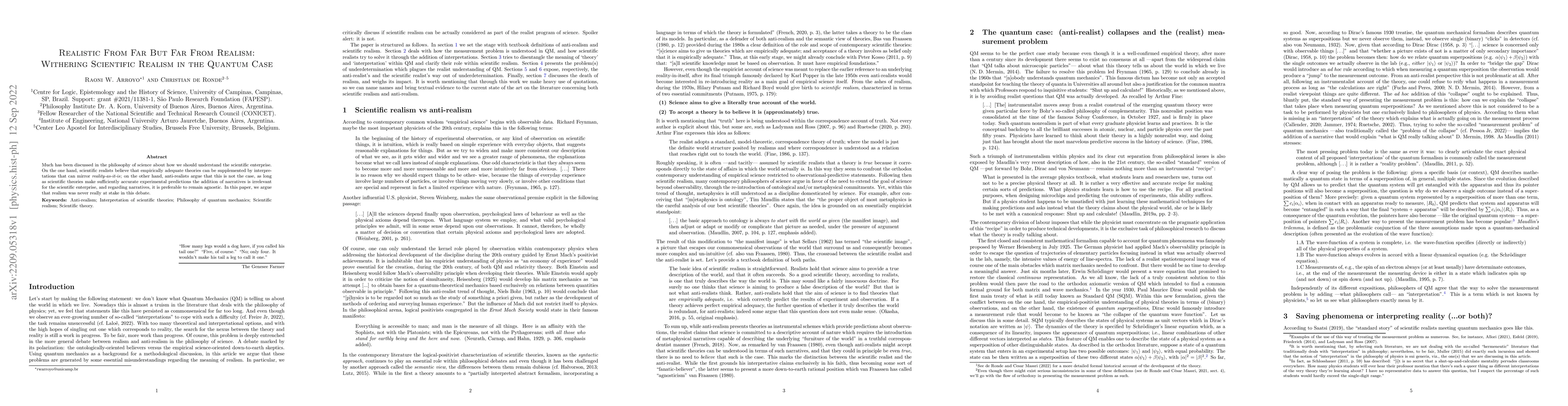 Thumbnail for Realistic From Far But Far From Realism: Withering Scientific Realism in
  the Quantum Case