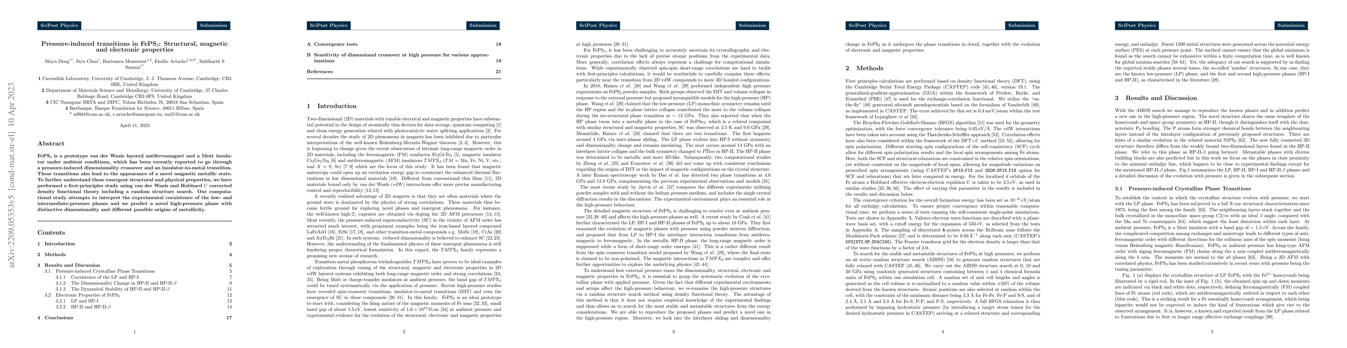 Thumbnail for Pressure-induced transitions in FePS$_3$: Structural, magnetic and
  electronic properties