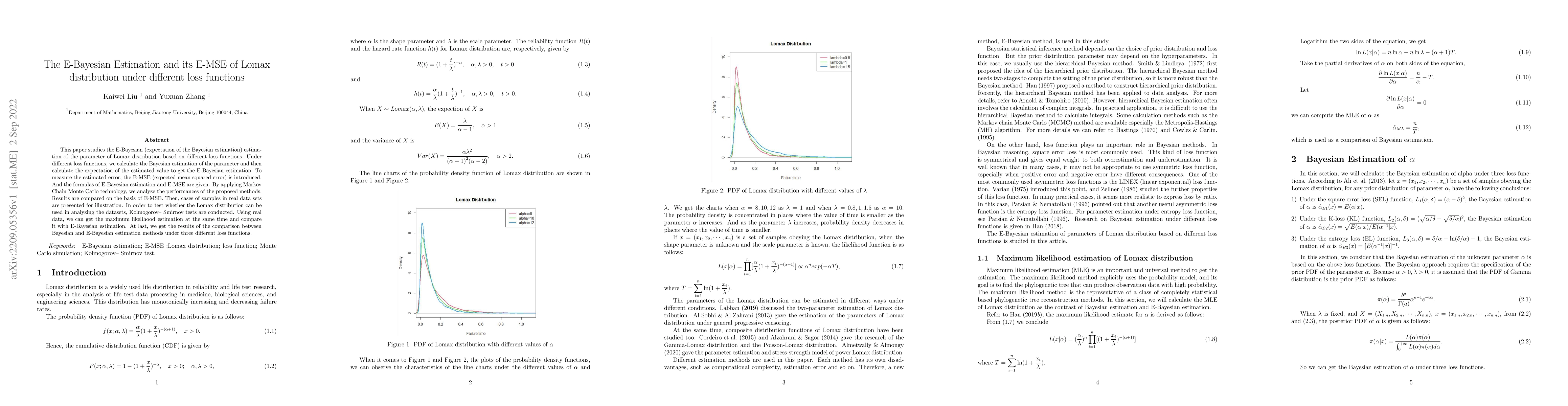 Thumbnail for The E-Bayesian Estimation and its E-MSE of Lomax distribution under
  different loss functions