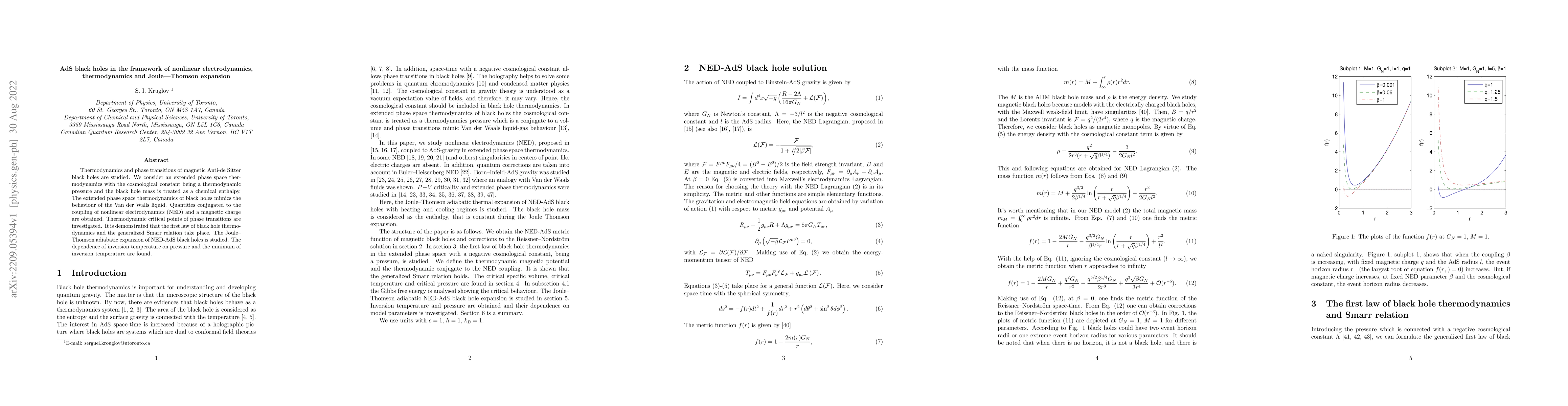 Thumbnail for AdS black holes in the framework of nonlinear electrodynamics,
  thermodynamics and Joule--Thomson expansion