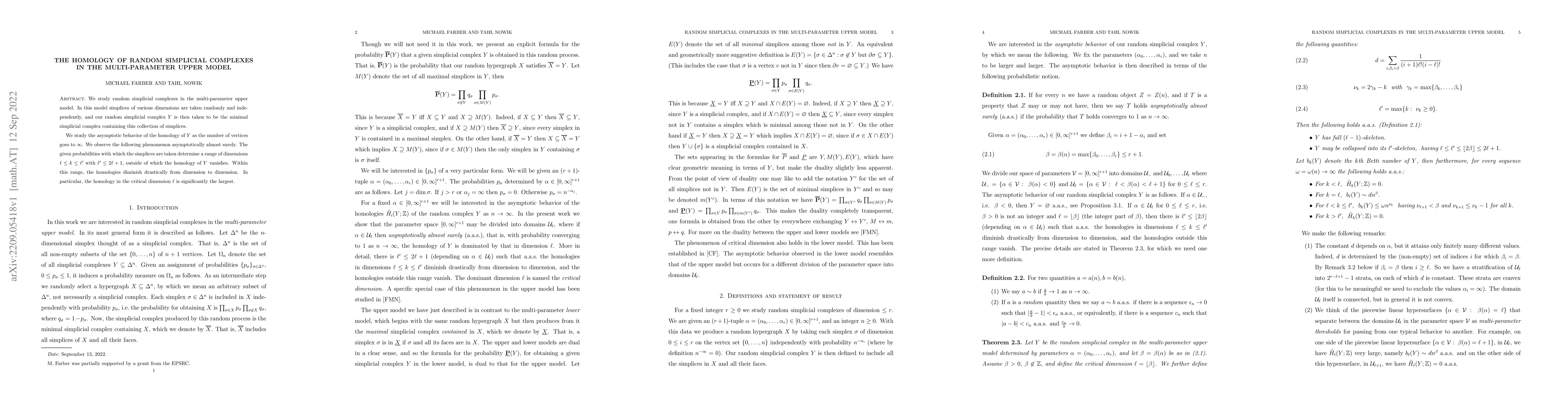 Thumbnail for The homology of random simplicial complexes in the multi-parameter upper
  model