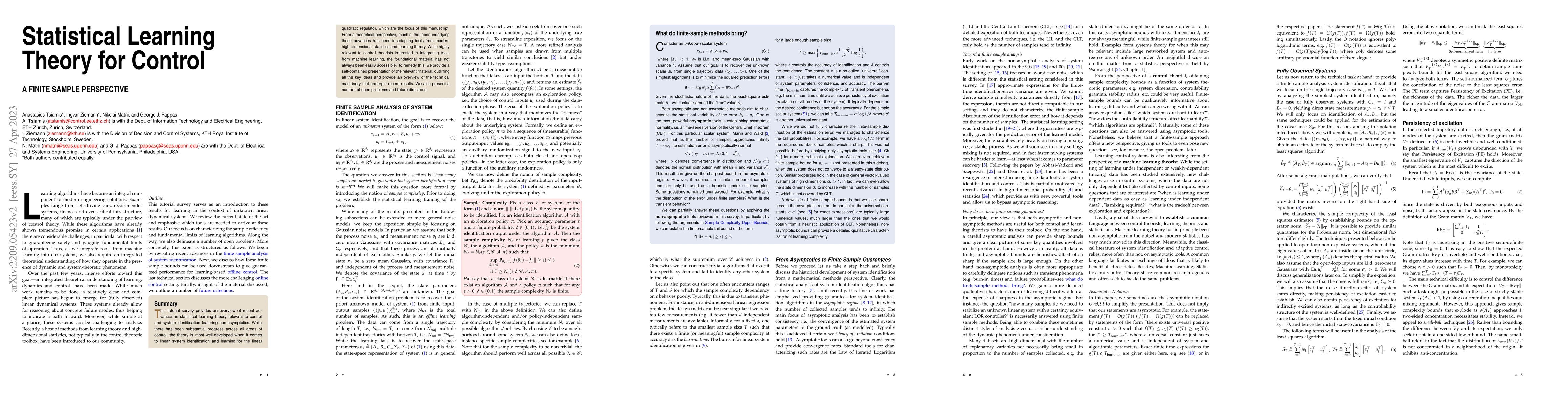 Thumbnail for Statistical Learning Theory for Control: A Finite Sample Perspective