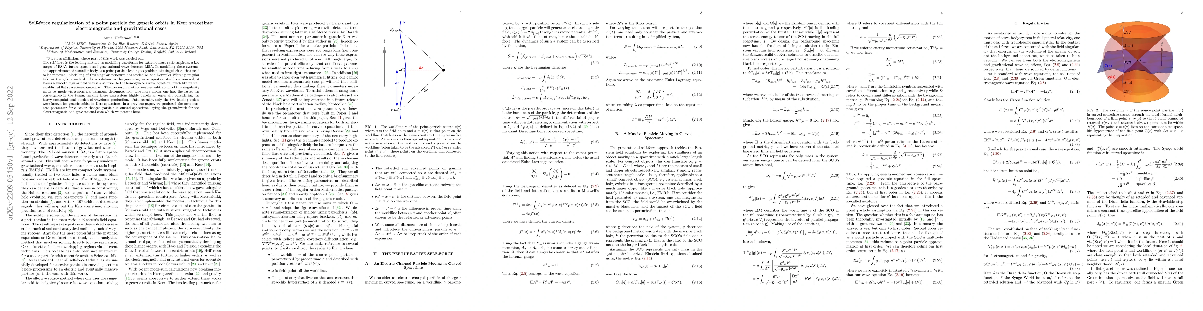 Thumbnail for Self-force regularization of a point particle for generic orbits in Kerr
  spacetime: electromagnetic and gravitational cases