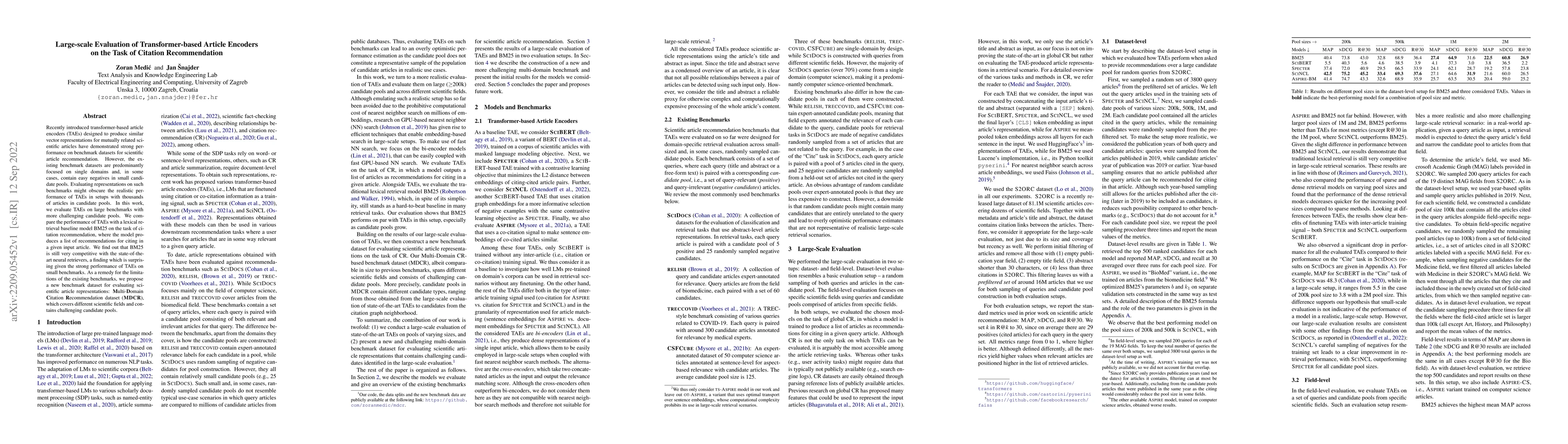 Thumbnail for Large-scale Evaluation of Transformer-based Article Encoders on the Task
  of Citation Recommendation