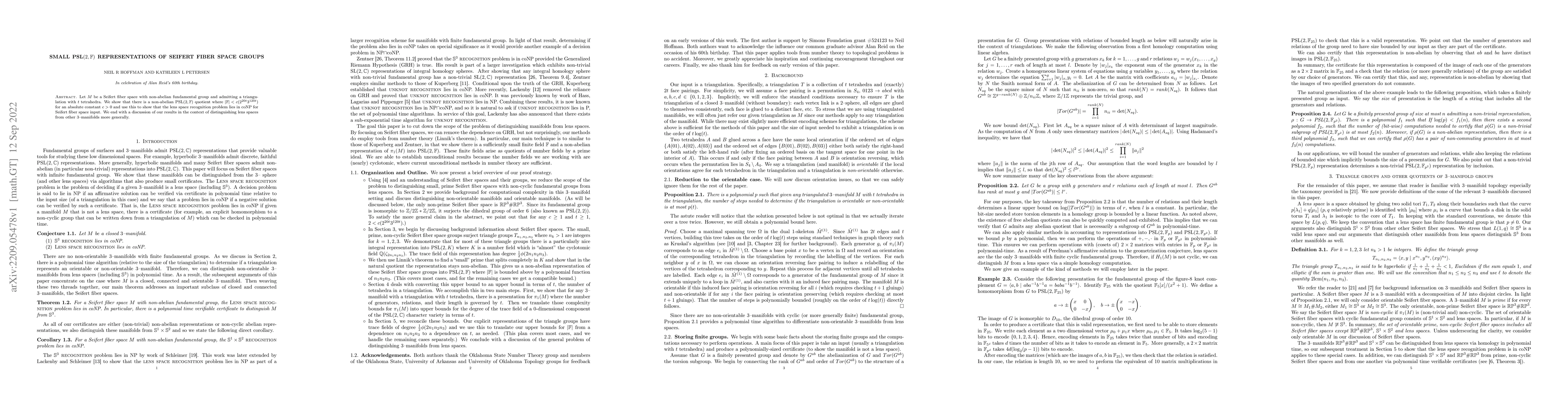 Thumbnail for Small $\text{PSL}(2, \mathbb{F})$ representations of Seifert fiber space
  groups