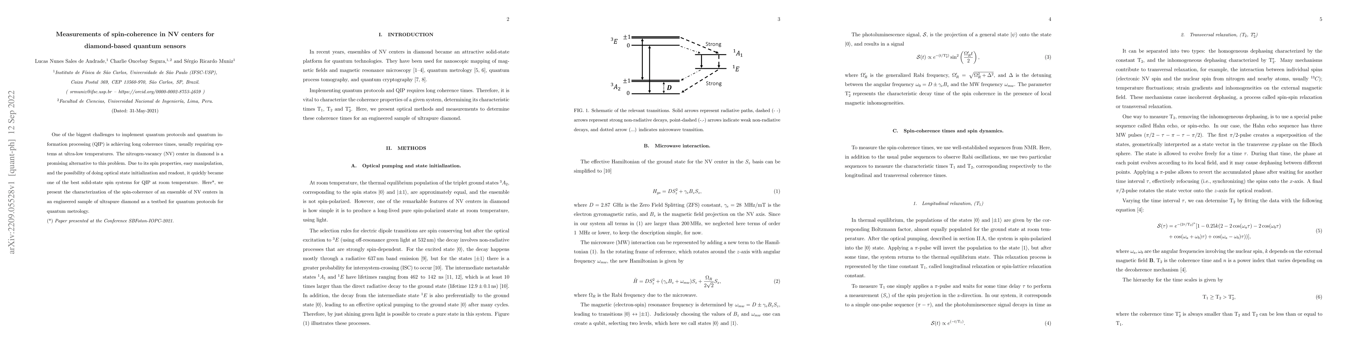 Thumbnail for Measurements of spin-coherence in NV centers for diamond-based quantum
  sensors