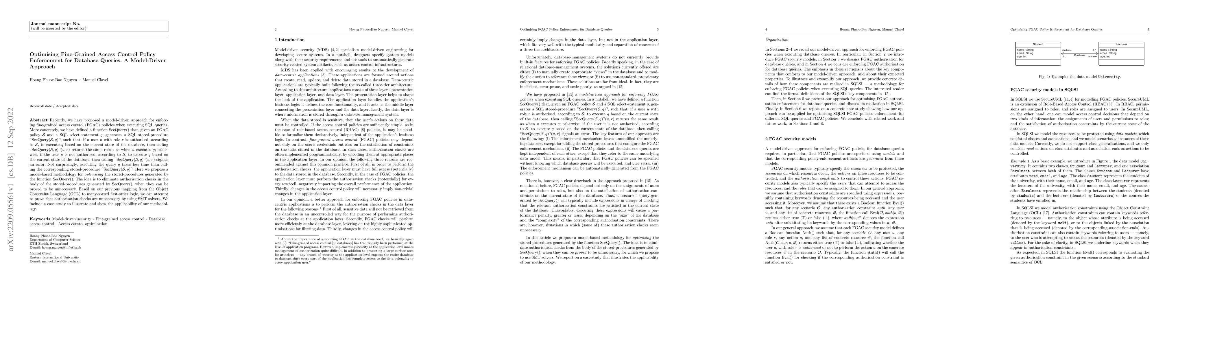 Thumbnail for Optimising Fine-Grained Access Control Policy Enforcement for Database
  Queries. A Model-Driven Approach