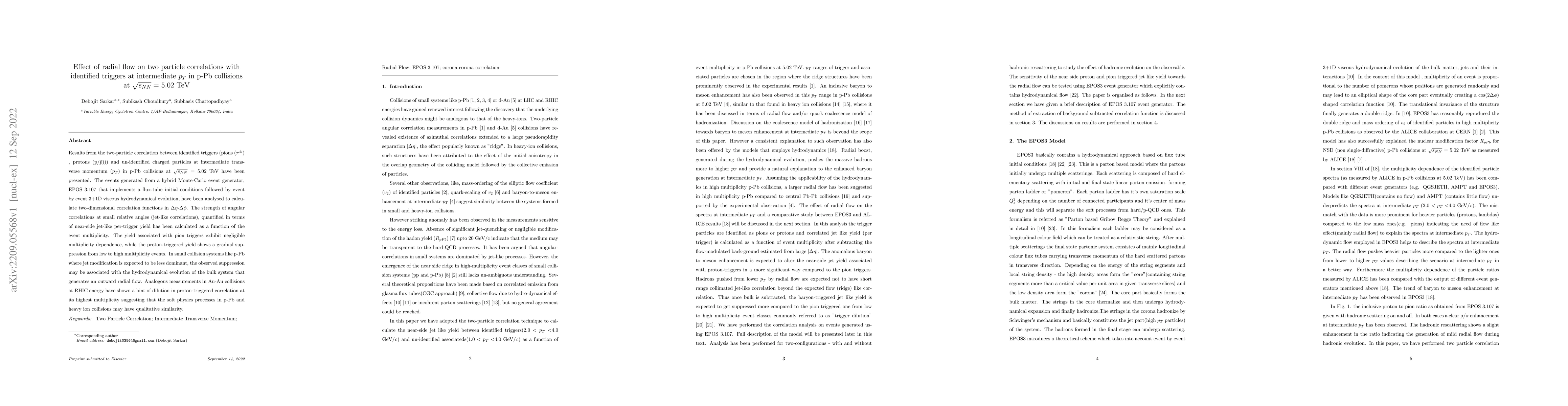 Thumbnail for Effect of radial flow on two particle correlations with identified
  triggers at intermediate $p_{T}$ in p-Pb collisions at $\sqrt{s_{NN}} = $
  5.02 TeV