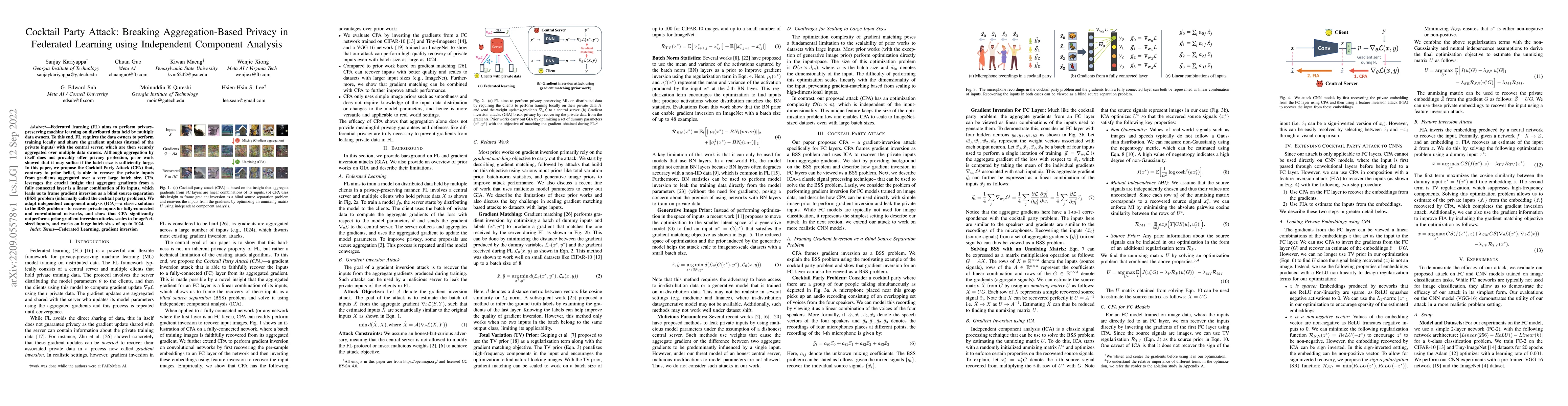 Thumbnail for Cocktail Party Attack: Breaking Aggregation-Based Privacy in Federated
  Learning using Independent Component Analysis