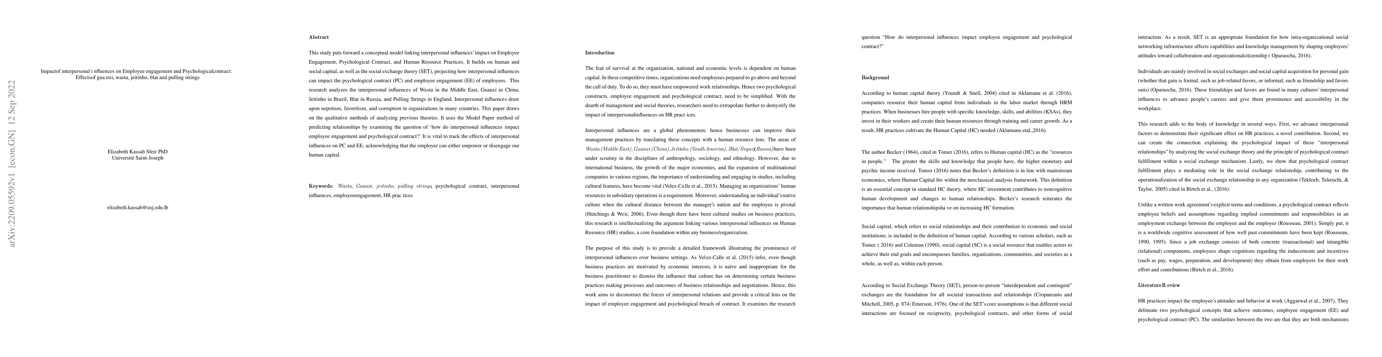 Thumbnail for Impact of interpersonal influences on Employee engagement and
  Psychological contract: Effects of guanxi, wasta, jeitinho, blat and pulling
  strings