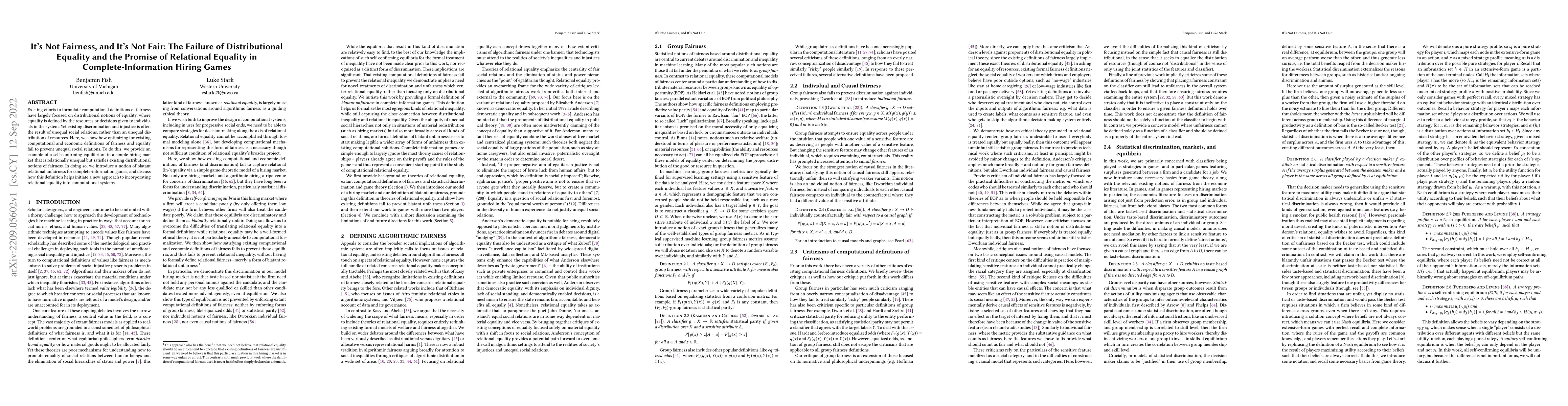 Thumbnail for It's Not Fairness, and It's Not Fair: The Failure of Distributional
  Equality and the Promise of Relational Equality in Complete-Information
  Hiring Games