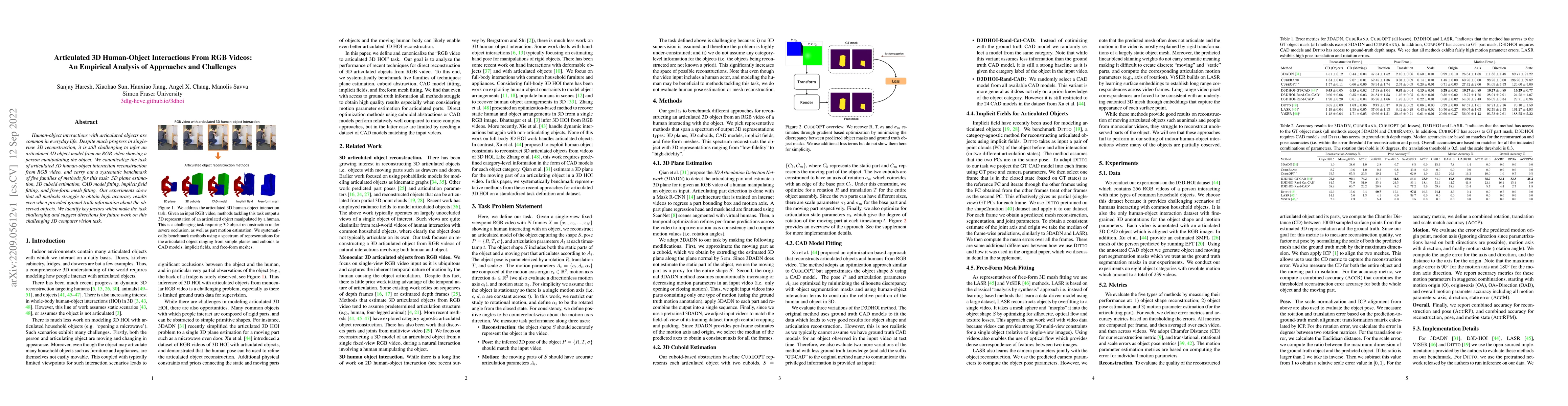 Thumbnail for Articulated 3D Human-Object Interactions from RGB Videos: An Empirical
  Analysis of Approaches and Challenges
