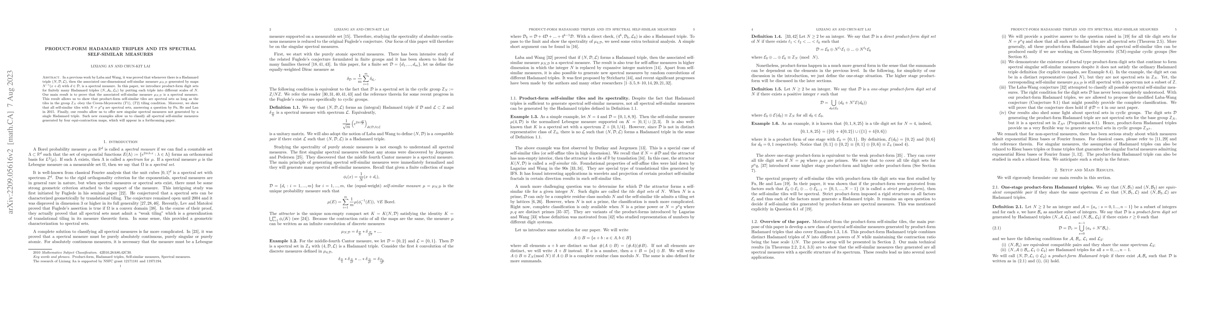 Thumbnail for Product-form Hadamard triples and its spectral self-similar measures