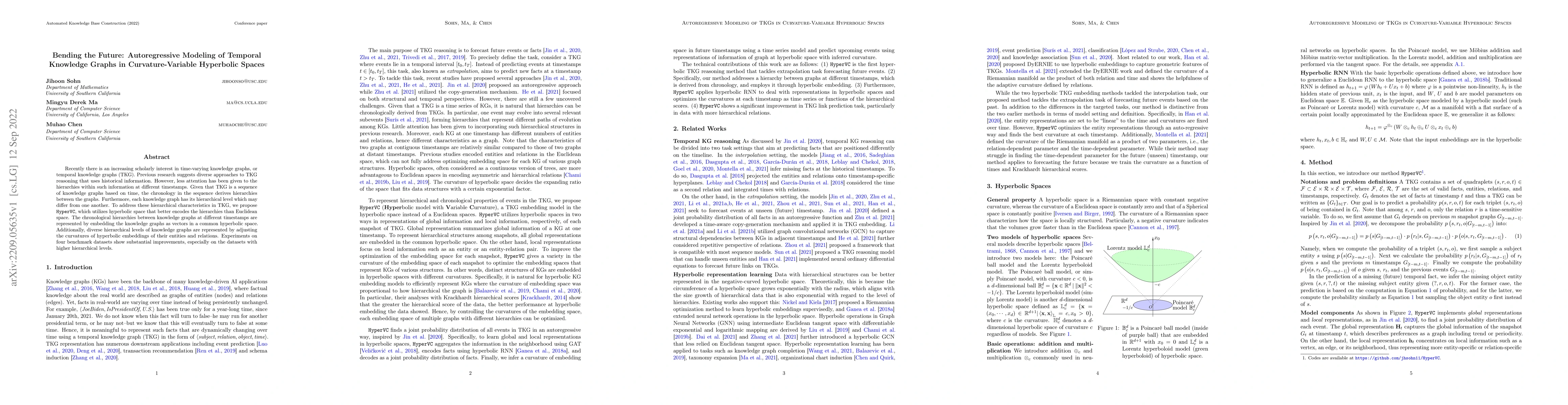 Thumbnail for Bending the Future: Autoregressive Modeling of Temporal Knowledge Graphs
  in Curvature-Variable Hyperbolic Spaces