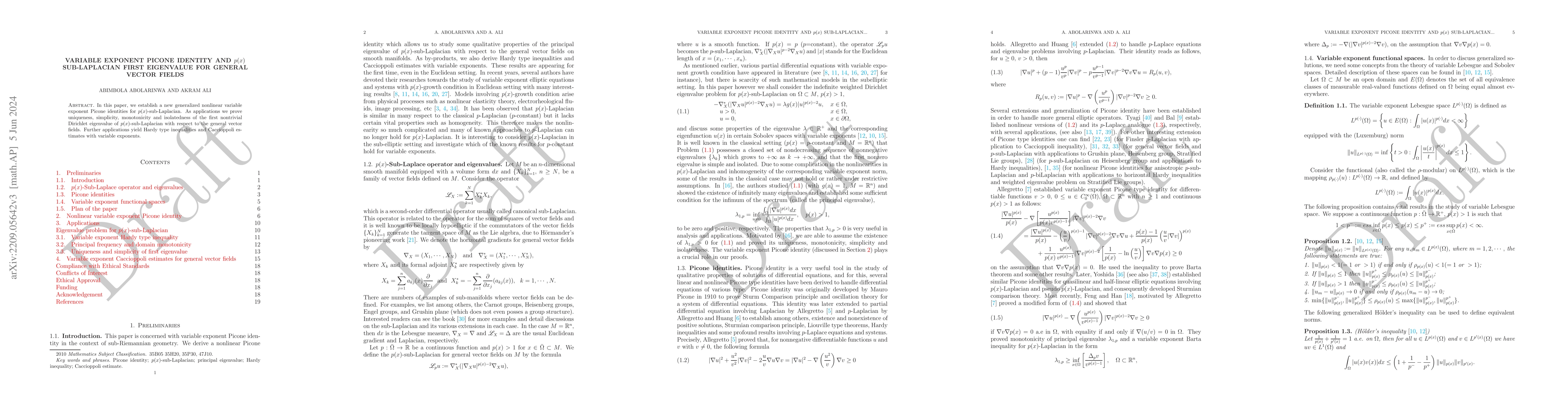 Thumbnail for Nonlinear variable exponent Picone identity and $p(x)$-sub-Laplacian
  first eigenvalue for general vector fields