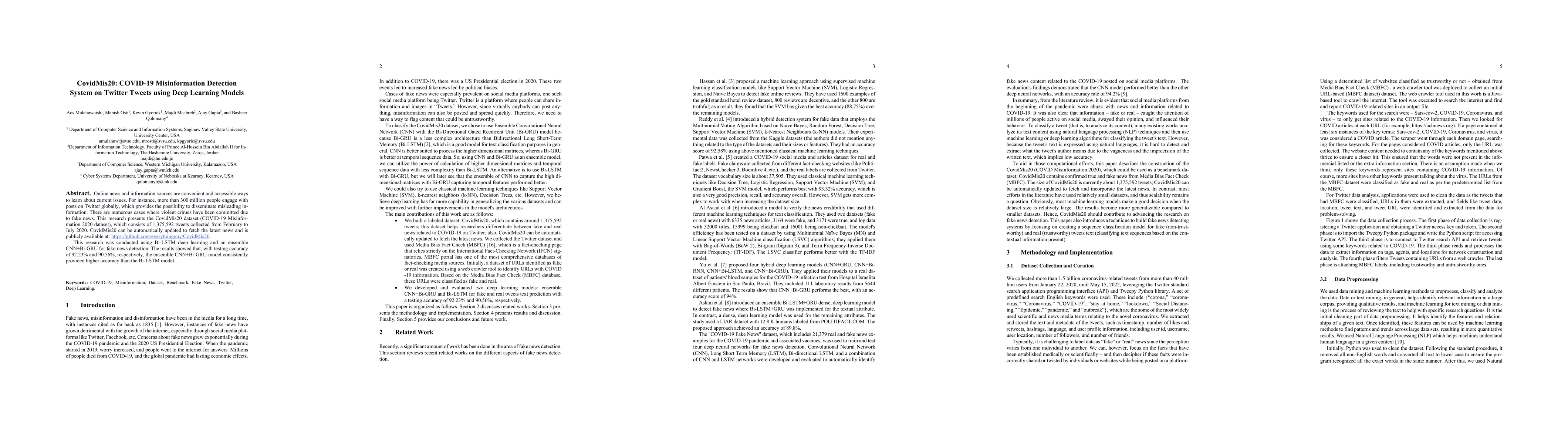 Thumbnail for CovidMis20: COVID-19 Misinformation Detection System on Twitter Tweets
  using Deep Learning Models