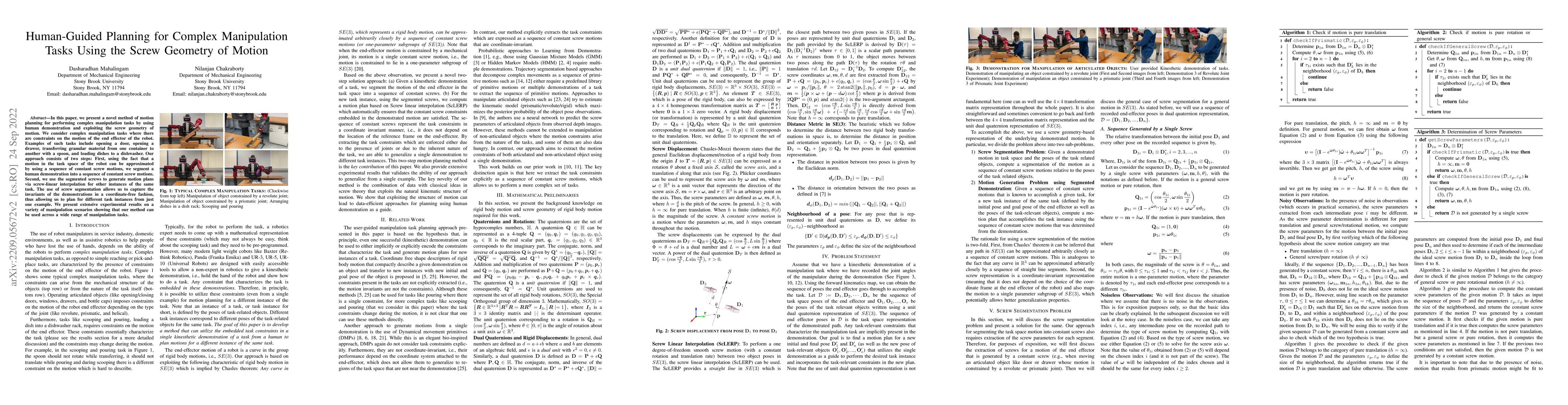 Thumbnail for Human-Guided Planning for Complex Manipulation Tasks Using the Screw
  Geometry of Motion