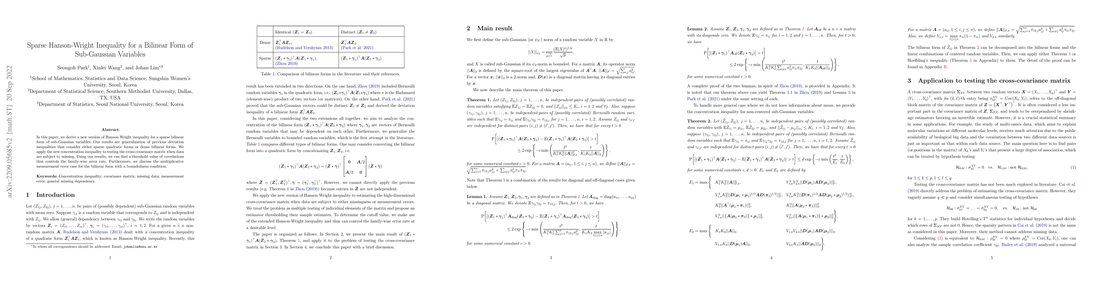 Thumbnail for Sparse Hanson-Wright Inequality for a Bilinear Form of Sub-Gaussian
  Variables