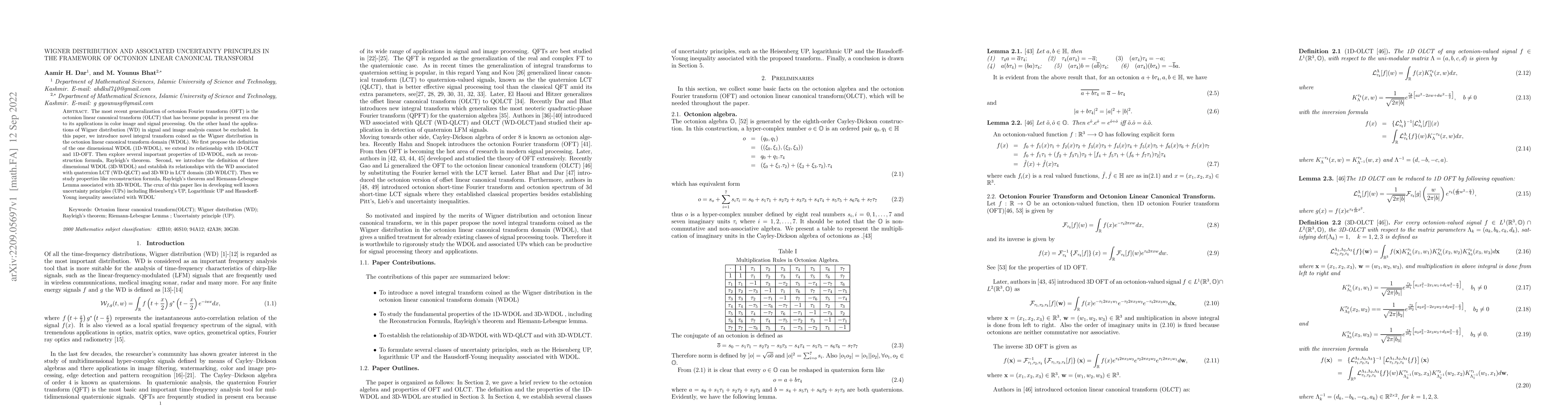 Thumbnail for Wigner Distribution and associated uncertainty principles in the
  framework of octonion Linear Canonical Transform